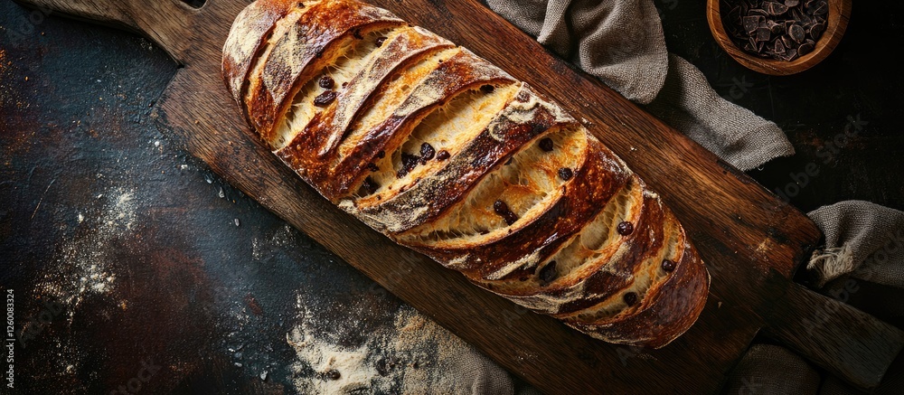 Poster baking scene showcasing a sliced chocolate chip baguette on a dark wooden cutting board with flour d