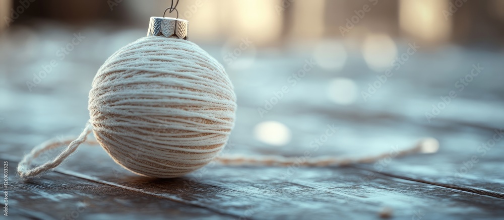 Leinwandbilder close up of a white christmas ornament on rustic wooden surface with soft bokeh lights in the backgr