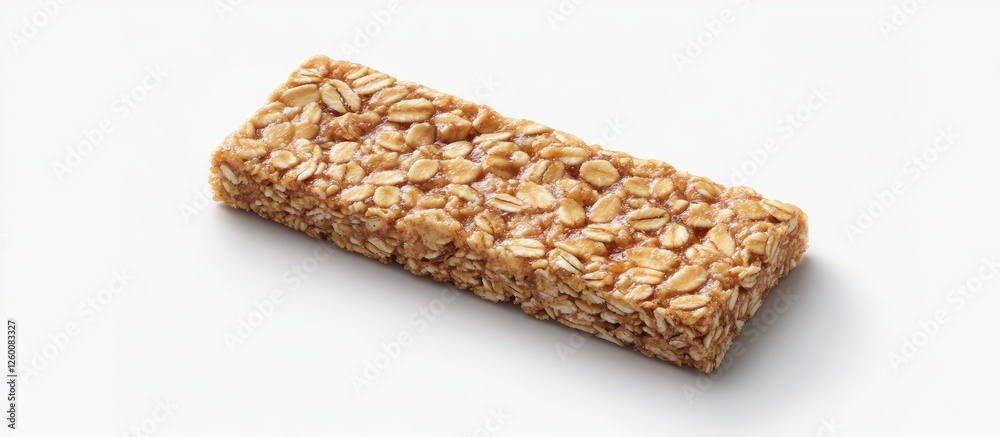 Poster healthy granola bar made from oats and nuts centered on a white stone table minimalistic style with 