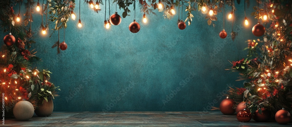Aufkleber festive arrangement with a turquoise background adorned with christmas lights and ornaments in red a