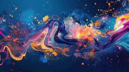 Vibrant Abstract Swirls with Colorful Splashes on Blue