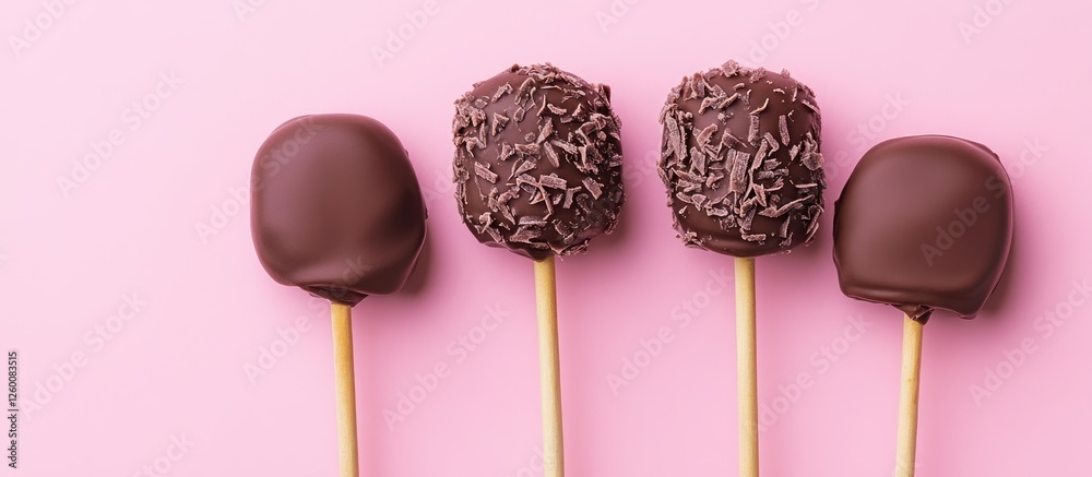 Poster chocolate pops on wooden sticks arranged horizontally with textured chocolate coating on a soft past
