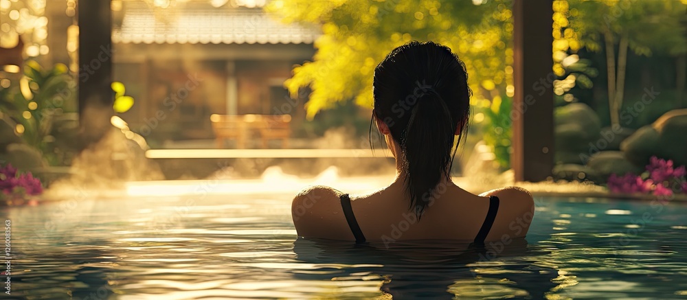 Poster serene back view of a woman relaxing in a hot spring pool surrounded by lush greenery with sunlight 