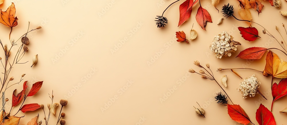 Poster autumn composition featuring dried flowers and leaves in warm tones on pastel beige background with 