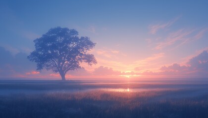 Lone tree in misty field at sunrise