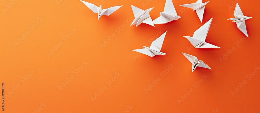 Poster elegant white origami birds scattered on vibrant orange background with soft shadows creating a sere