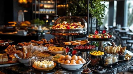 Fototapeta premium Traditional delicious modern Turkish cuisine. Plain Turkish breakfast with copper-pan egg dishes, pastries such as börek and bagels, jams, olives, cheeses, vegetables and Turkish tea.