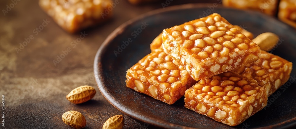 Poster chikki bars made with roasted peanuts and caramel on a dark wooden plate with scattered peanuts on a