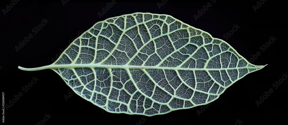Aufkleber translucent leaf against a black background showcasing intricate vein patterns with green and white 
