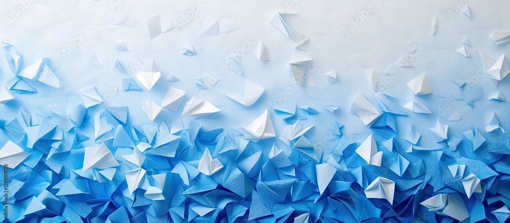 Poster Origami paper background in gradient blue and white tones with intricate folded shapes, layered from top to bottom, creating depth and texture.