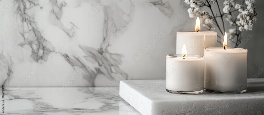 Leinwandbilder scented white candles arranged on a pristine white marble surface with subtle gray veining in the ba