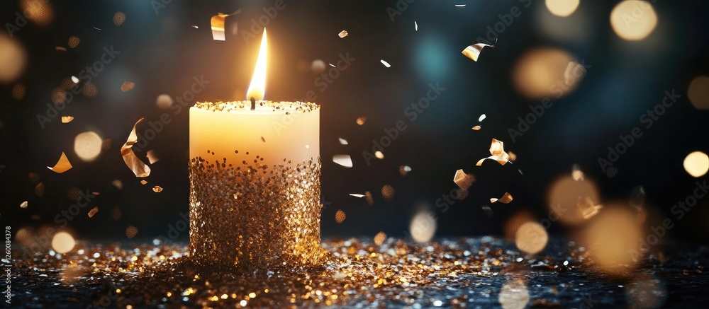 Poster candle glowing softly amidst scattered gold confetti and shimmering streamers on a dark background c