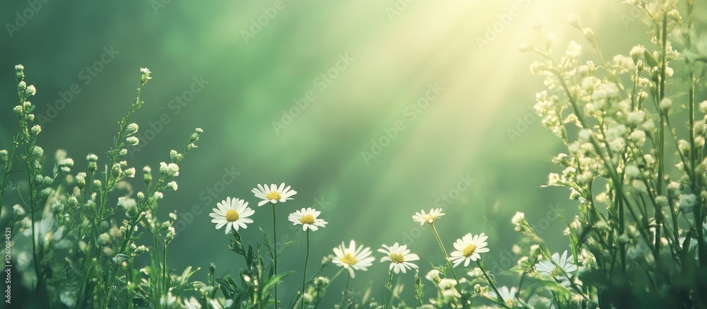 Aufkleber Vibrant chamomile flowers in warm green hues with sunlight filtering through a serene spring landscape creating a tranquil atmosphere.