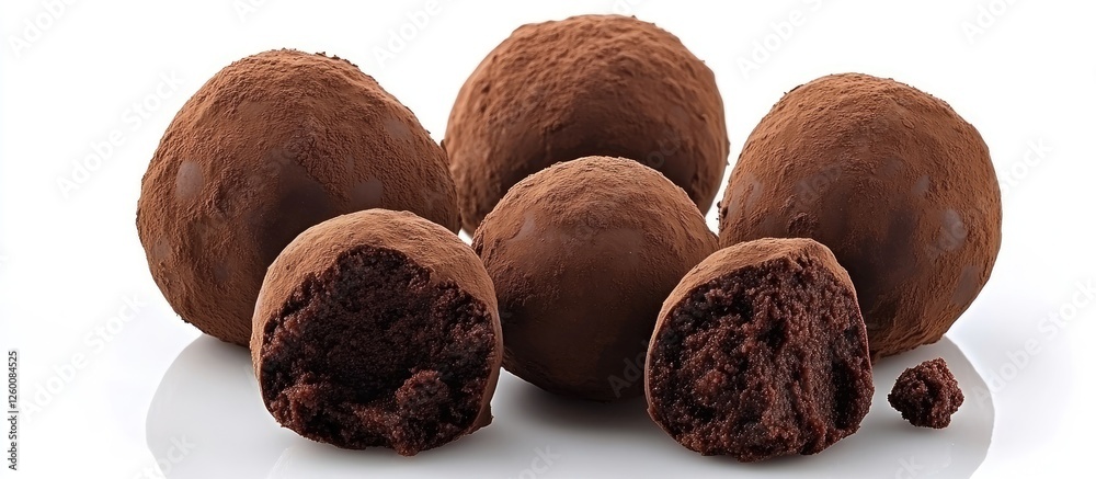 Aufkleber decadent chocolate truffles dusted with cocoa powder on a white plate showcasing a whole and half pi