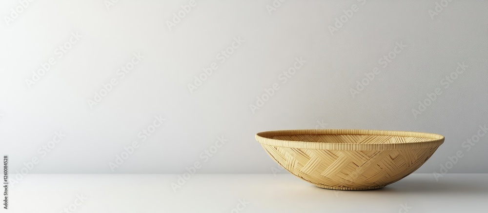 Poster Bamboo basket for serving Zaru Soba on a light gray background positioned to the right with soft shadows for a minimalistic aesthetic.