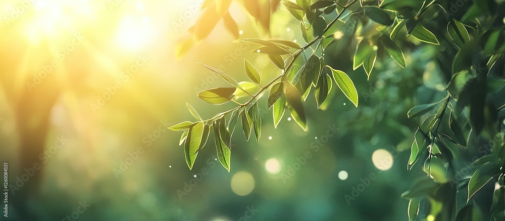Leinwandbilder Lush green foliage with soft bokeh effect and sunlight flares creating a refreshing summer spring backdrop highlighting vibrant nature tones.