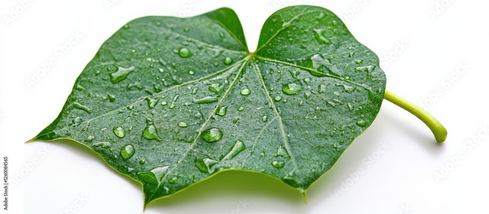 Aufkleber Fresh green leaf with dew droplets resting on a white background, showcasing vibrant colors and detailed texture in the center of the image.
