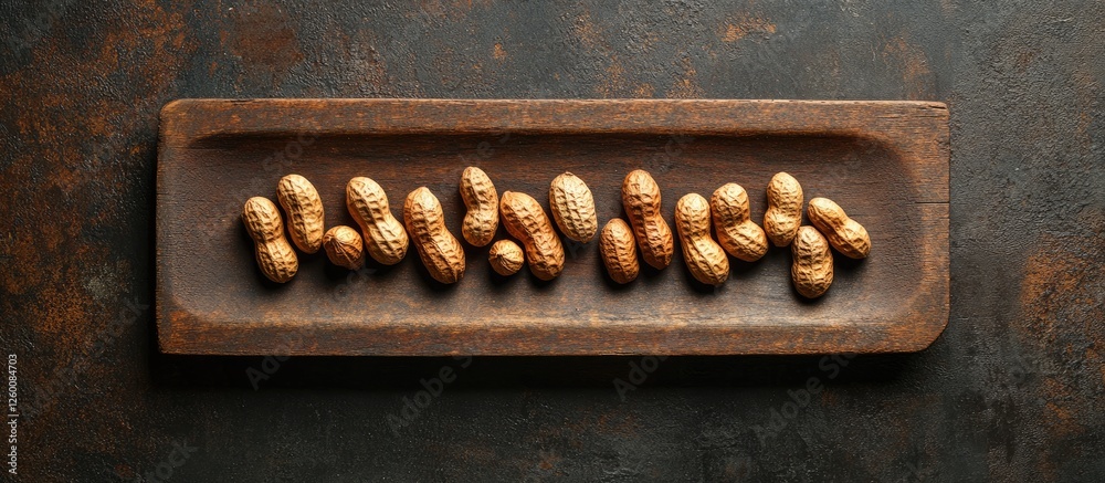 Poster plump peanuts artistically arranged on a rustic dark wooden board with a textured surface highlighti