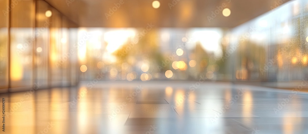 Aufkleber Blurred lobby of modern art center with warm golden bokeh lights in the background, soft reflections on sleek floor, inviting atmosphere.