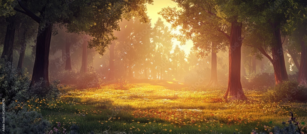 Leinwandbilder Sunlit forest clearing with golden hues in the background, lush greenery and tall trees on the sides creating a serene atmosphere of tranquility.