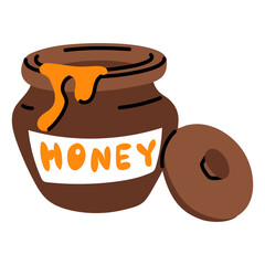 In a clay container with honey. An open clay pot with a lid and a signature. A separate illustration for the dish. The taste of honey, an ingredient for adding to dishes. Flat illustration honey