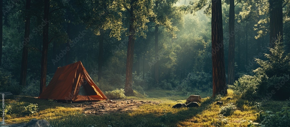 Aufkleber serene forest camping scene featuring an orange tent surrounded by tall green trees illuminated by s