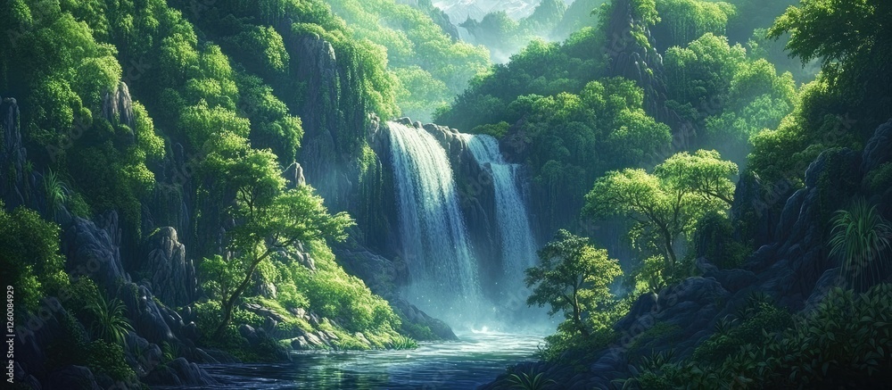 Poster serene waterfall cascading into tranquil pool surrounded by lush green foliage and tropical trees un