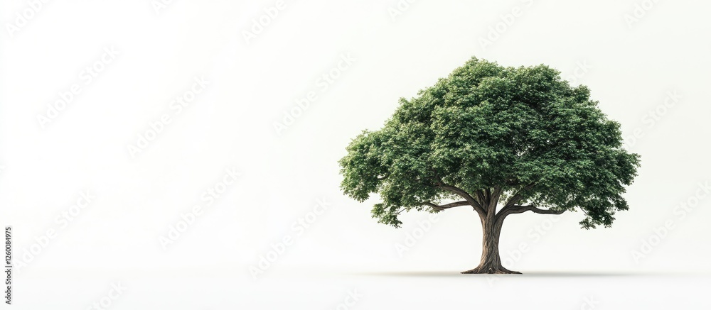 Poster Lonely green tree positioned left on a bright white background showcasing lush foliage and sturdy trunk emphasizing isolation and tranquility.