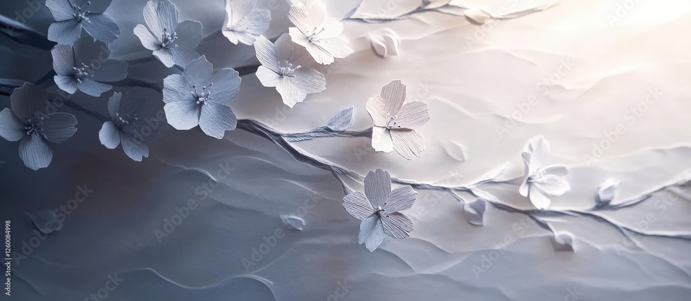 Poster elegant textured japanese paper featuring soft white cherry blossoms on a gradient background with s
