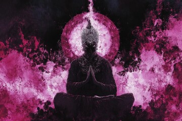 Buddha figure meditating in a cosmic pink aura with swirling energy
