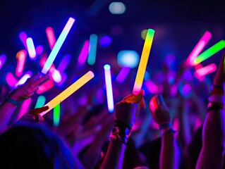 Concert Crowd Glow Sticks, Dancing, Nightclub, Music Festival
