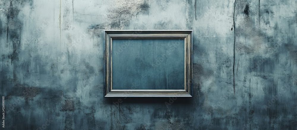 Poster framed empty canvas positioned centrally on a textured concrete wall with bluish-grey tones highligh