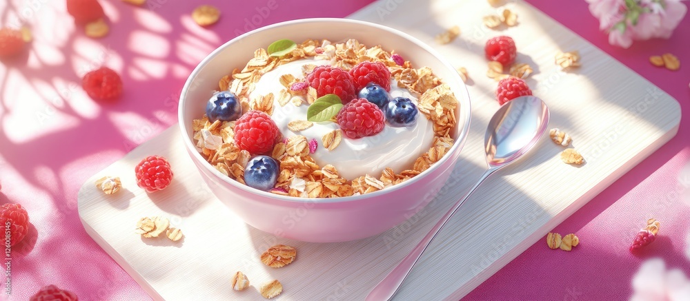 Poster colorful bowl of oat granola topped with yogurt fresh raspberries blueberries and nuts on pink backg