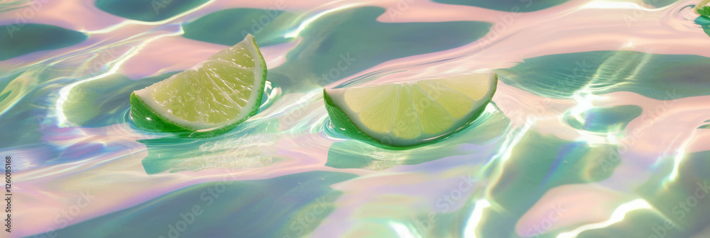 Poster elegant almond milk and lime wedges creating ripples in a serene background
