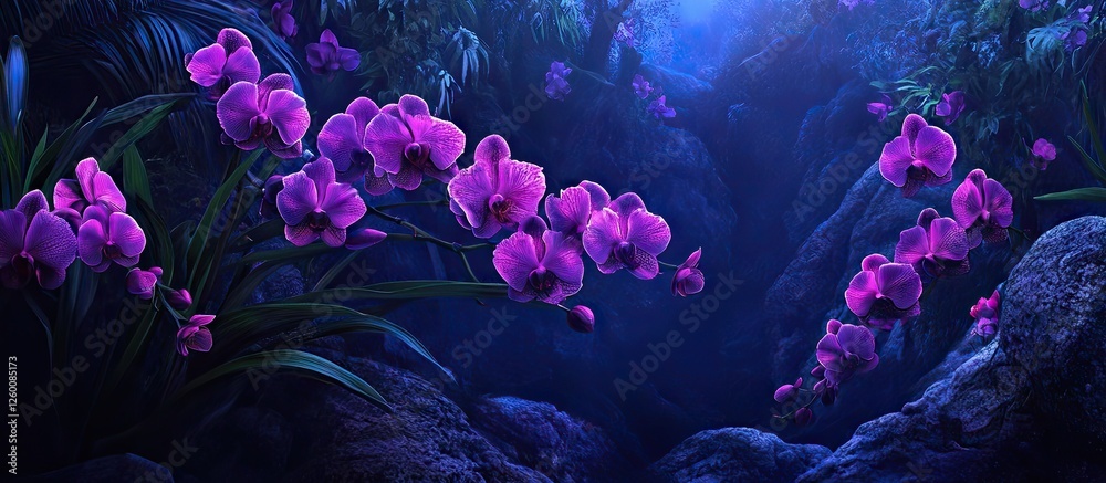 Fototapete Purple orchids thrive in dark setting with vibrant highlights, surrounded by rocky foliage creating an enchanting contrast in a serene environment