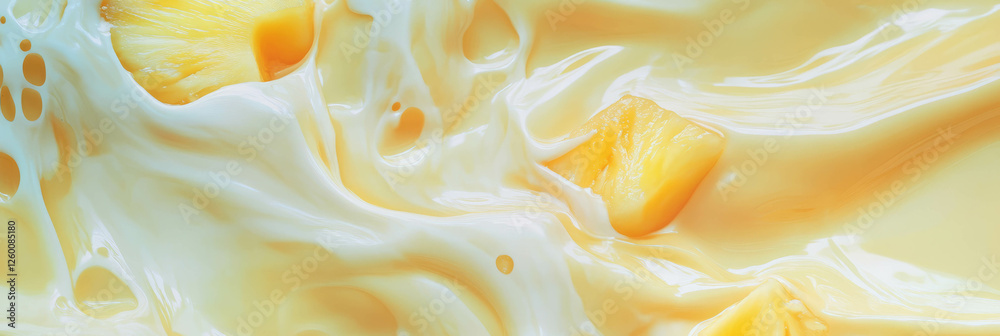 Poster splashing almond milk with pineapple creating vibrant ripples in a refreshing blend