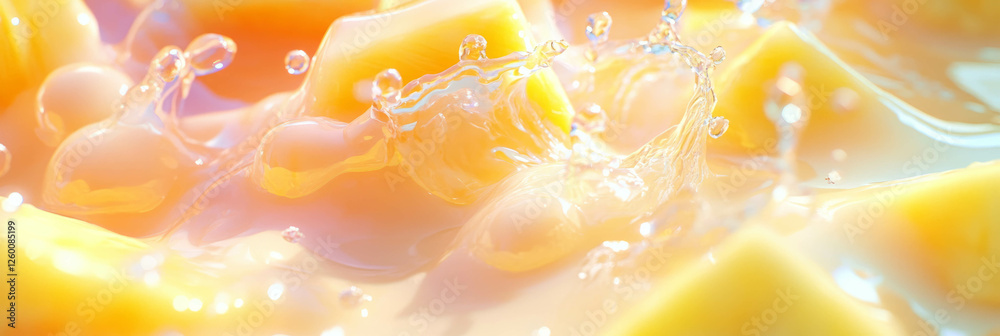 Poster Splash of almond milk with pineapple chunks creating unique ripples in a vibrant setting