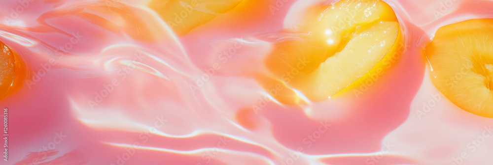 Aufkleber yellow plum slices float in creamy almond milk creating calming circular ripples
