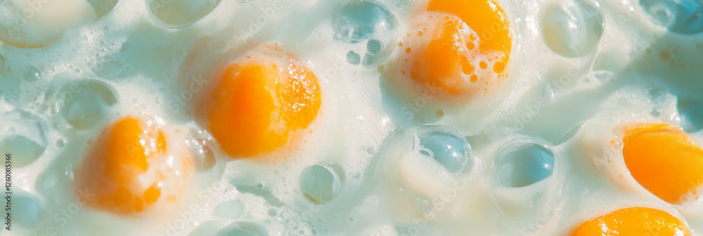Poster Delicious apricot milk with floating halves and vibrant ripples in a top view presentation