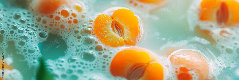 Poster delicious apricot milk with ripples and floating apricot halves in vibrant view