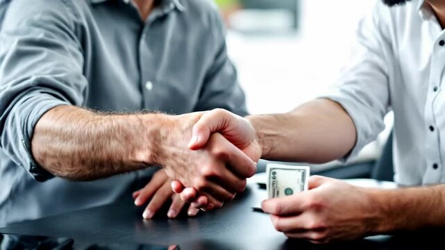 Businessmen receiving dividends from investments in financial office