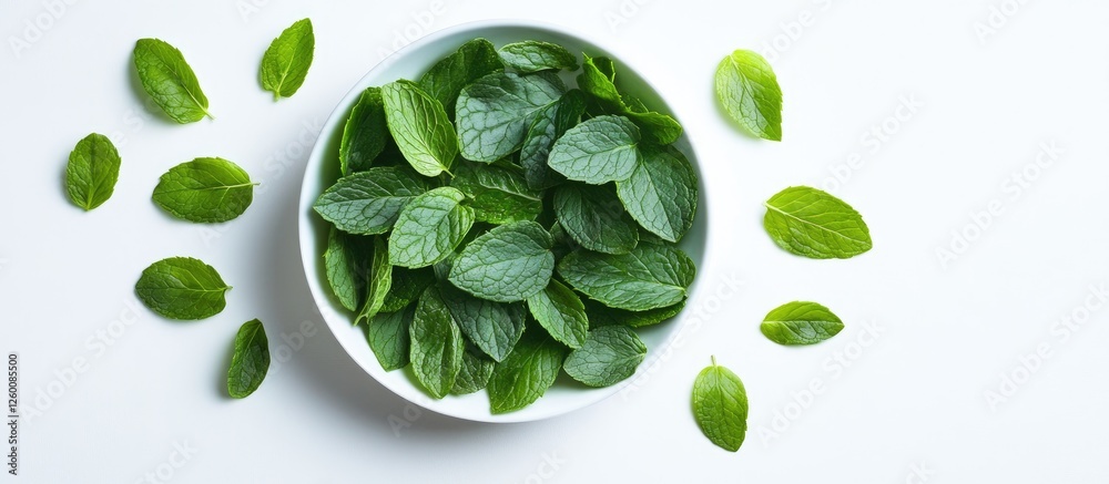 Leinwandbilder fresh green mint leaves arranged in a circular shape within a white bowl on a clean white background