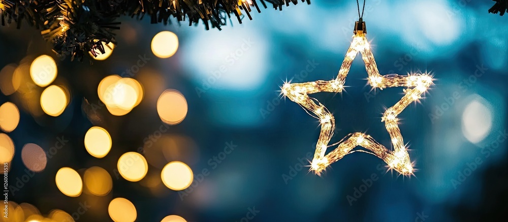 Poster glowing wire star ornament hangs against a blurred blue background with warm bokeh lights, creating 