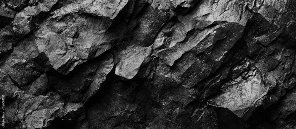 Poster Close-up of rough black volcanic rock texture with sharp edges and deep crevices showcasing a dramatic mountain surface in high contrast lighting