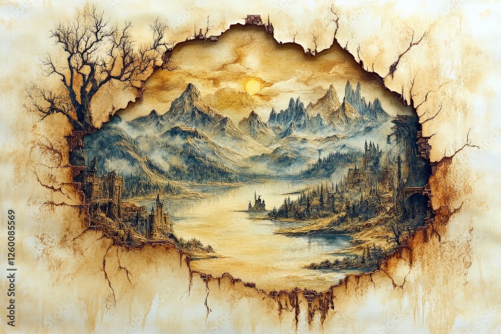 Wall mural Stunning landscape mural depicting serene mountains and a river flowing through the valley under a warm sunset