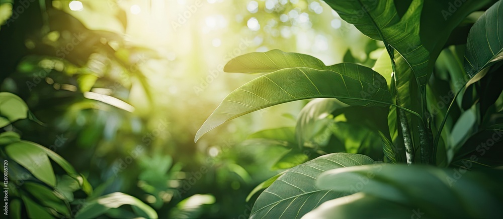 Poster Lush green foliage bathed in warm sunlight with a soft bokeh background creating a serene and tranquil atmosphere in a natural setting