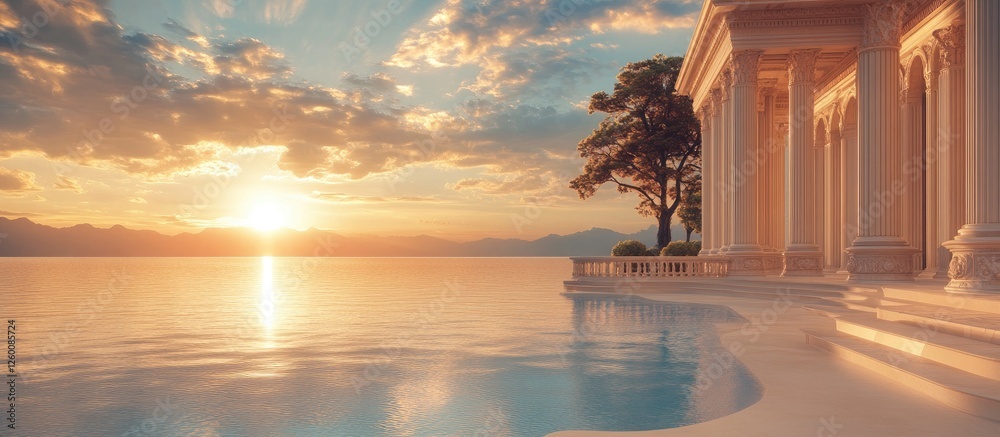 Poster Neoclassical architecture illuminated by a warm sunrise reflecting on tranquil bay waters with soft clouds in the sky and a tree positioned nearby