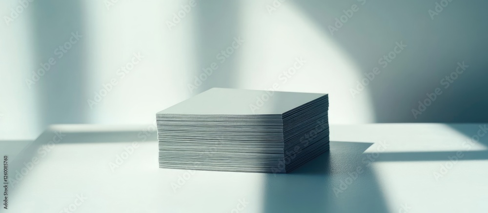 Poster Stack of gray business cards neatly arranged on a bright white surface with soft shadows creating a minimalist and professional appearance