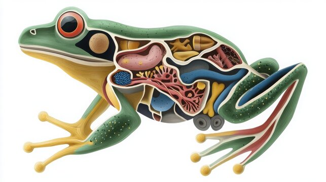 Multi-layered Cutaway Diagram of a Frog's Body Showing External Anatomy and Organs