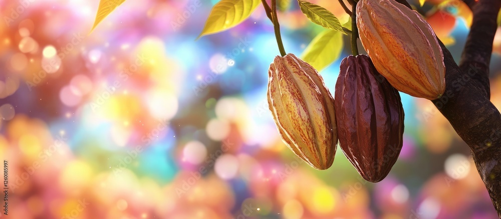 Poster cacao fruits in various shades of brown hang from a lush green tree with vibrant rainbow bokeh backg